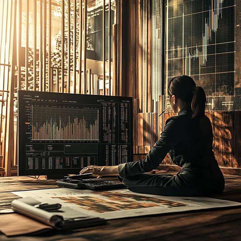 디지털 플랫폼에서 금융 차트를 분석하는 투자자가 투자 전략을 계획하는 모습입니다. 집중적인 분석과 전략 수립의 중요성을 드러냅니다.