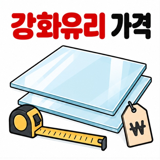 투명한 사각 강화유리와 가격표 아이콘 옆에 강화유리 가격 문구를 크게 보여주는 대표 카드