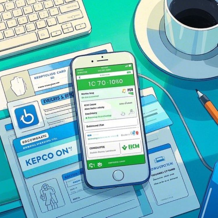 스마트폰으로 한전ON 앱을 열어 전기요금 감면 신청 화면을 조작하는 모습. 옆에는 신분증, 복지카드, 장애인등록증, 가족관계증명서 등 서류가 정리되어 있고, 정부24 요금감면일괄신청 안내 포스터가 붙어 있는 밝고 신뢰감 있는 일러스트