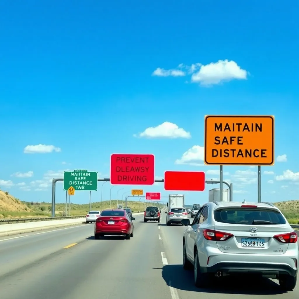 고속도로 옆에 설치된 '안전 운전', '졸음운전 예방', '안전거리 확보' 등과 같은 문구가 적힌 표지판과 그 옆으로 안전하게 주행하는 차량들을 함께 담아보세요.