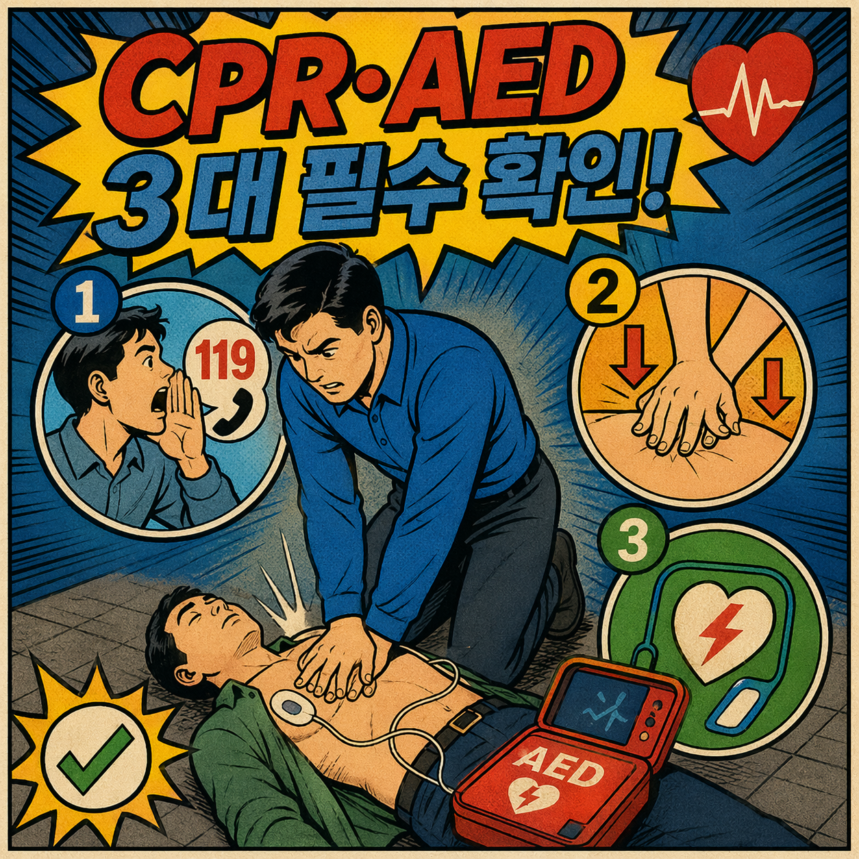 CPR·AED 3대 필수 절차 요약 인포그래픽, 119 신고·가슴압박·제세동기 사용 장면