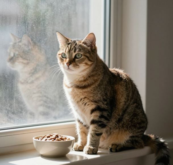 높은 창가에 앉아 쉬고 있는 고양이의 모습