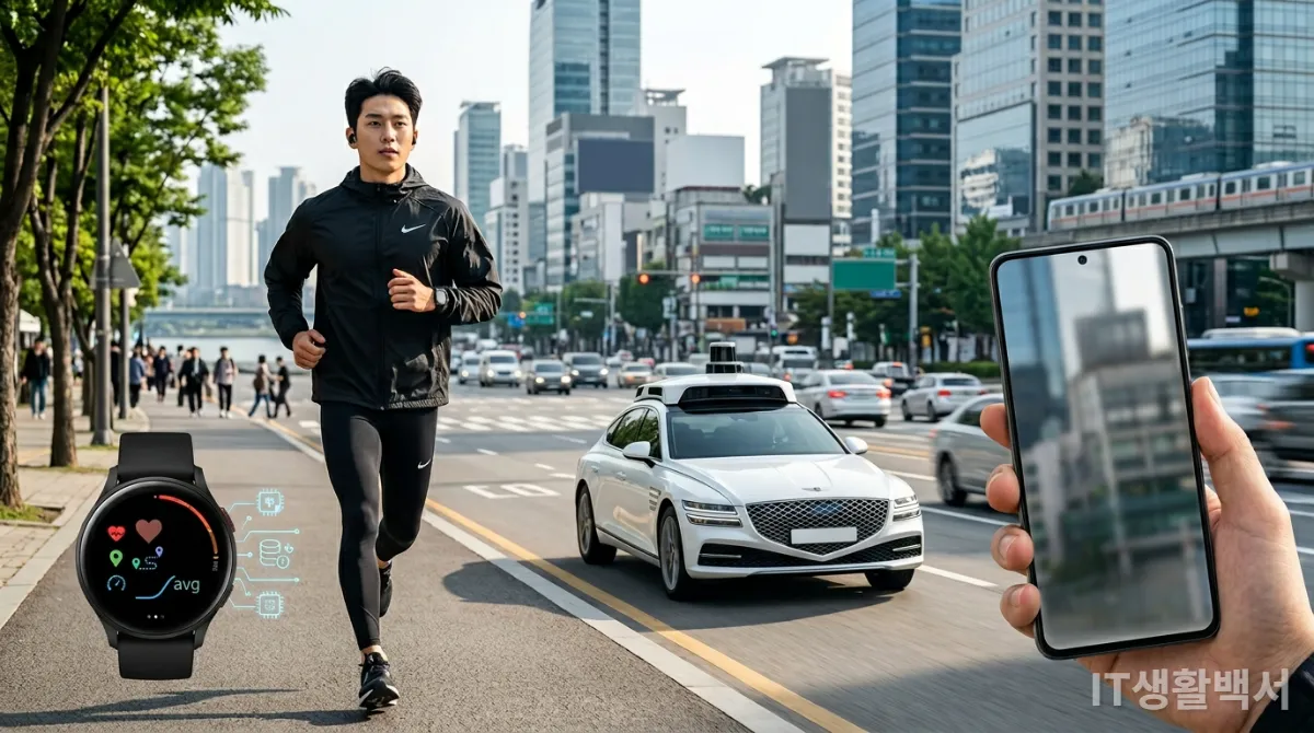 한국인이 스마트워치, 자율주행차, 스마트폰의 엣지 컴퓨팅 기능을 활용하여 일상생활을 편리하게 하는 모습