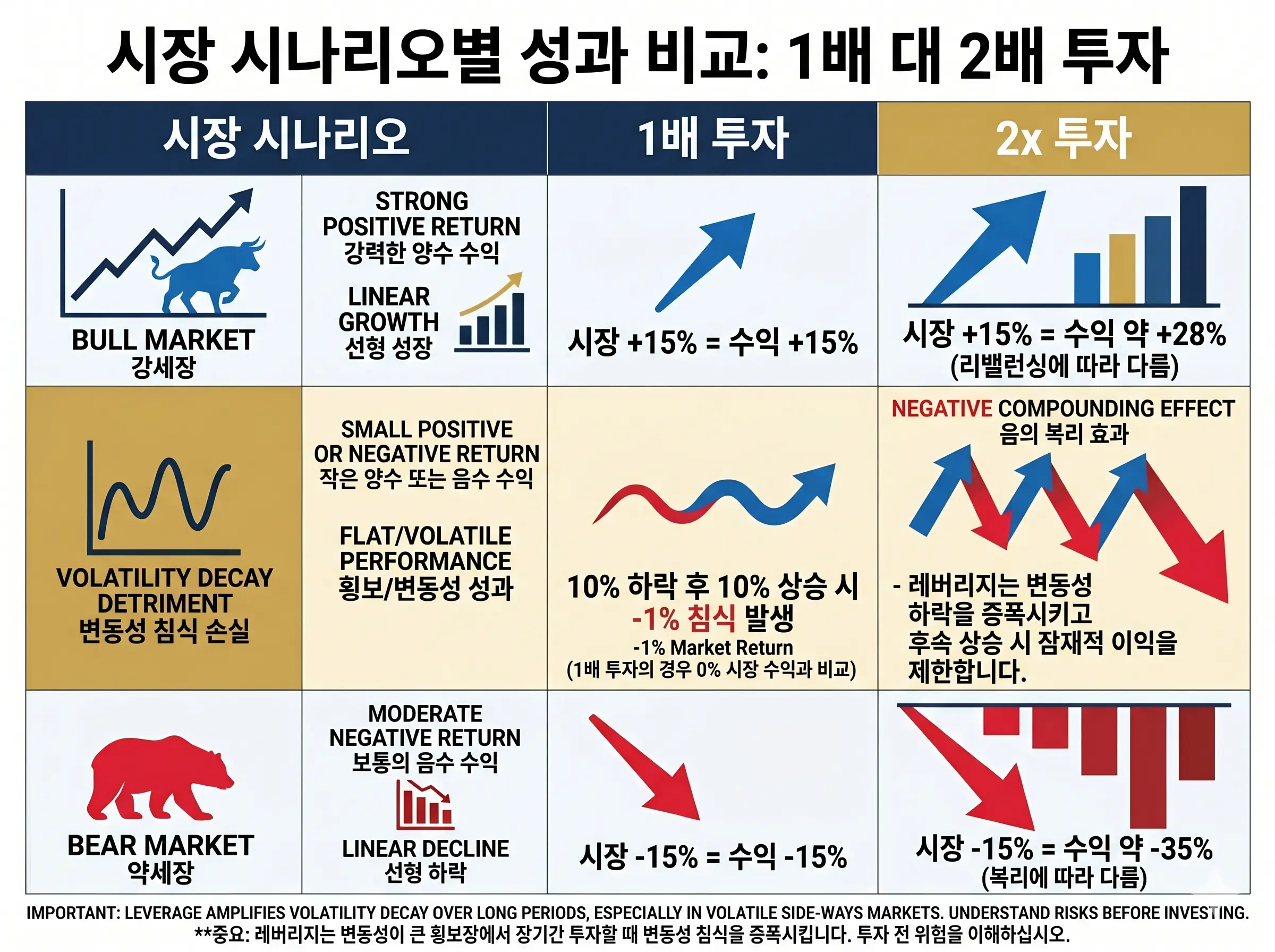 시장 상황별 일반 투자와 레버리지 투자 수익률 차이 비교표