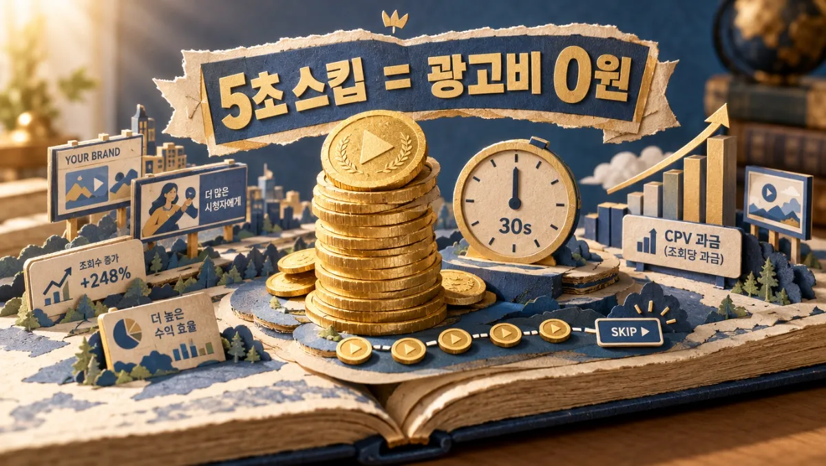5초 스킵 시 광고비가 0원이 되는 CPV(조회당 과금) 구조를 팝업북으로 시각화한 이미지. 골드 종이 코인 탑, 30초 시계, 상승하는 광고 단가 차트와 무료 브랜드 각인 효과