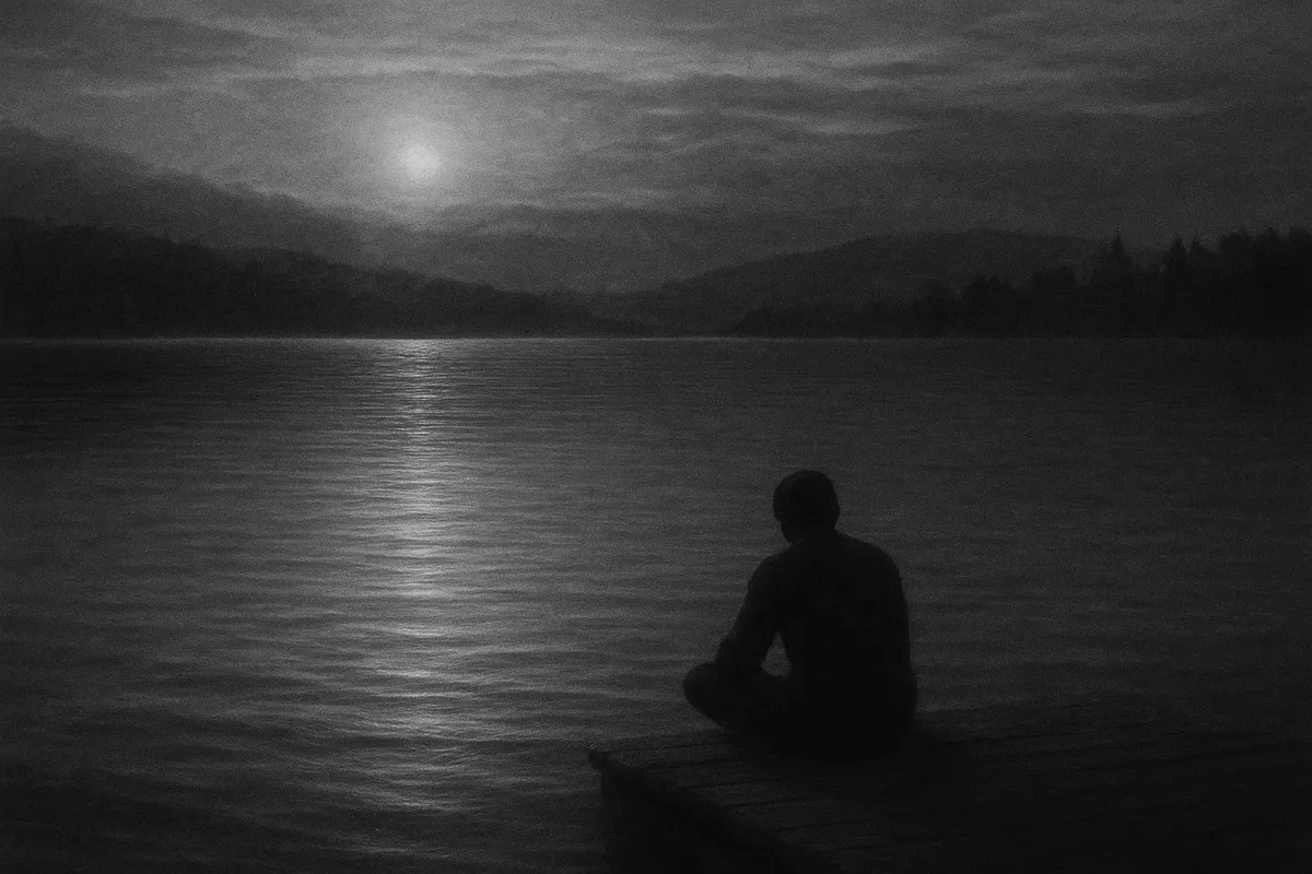 호숫가에 앉아 달빛 바라보는 남자