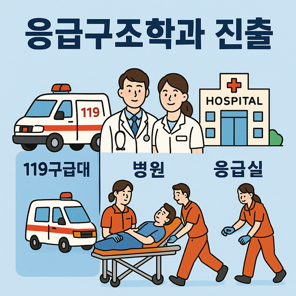 응급구조학과 진출 진로를 보여주는 포스터로, 119구급대, 병원, 응급실 분야의 직무를 밝고 선명한 일러스트로 표현하였다