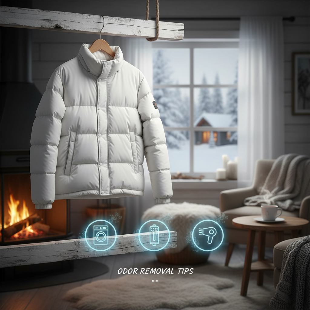 패딩 냄새 제거 꿀팁을 상징하는 다양한 가전 아이콘과 깨끗한 패딩 이미지