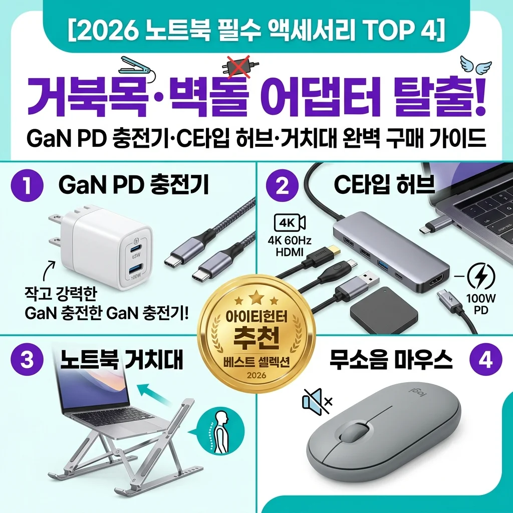 2026 노트북 필수 액세서리 추천 TOP 4 GaN PD 충전기 C타입 멀티허브 알루미늄 거치대 무소음 마우스 비교