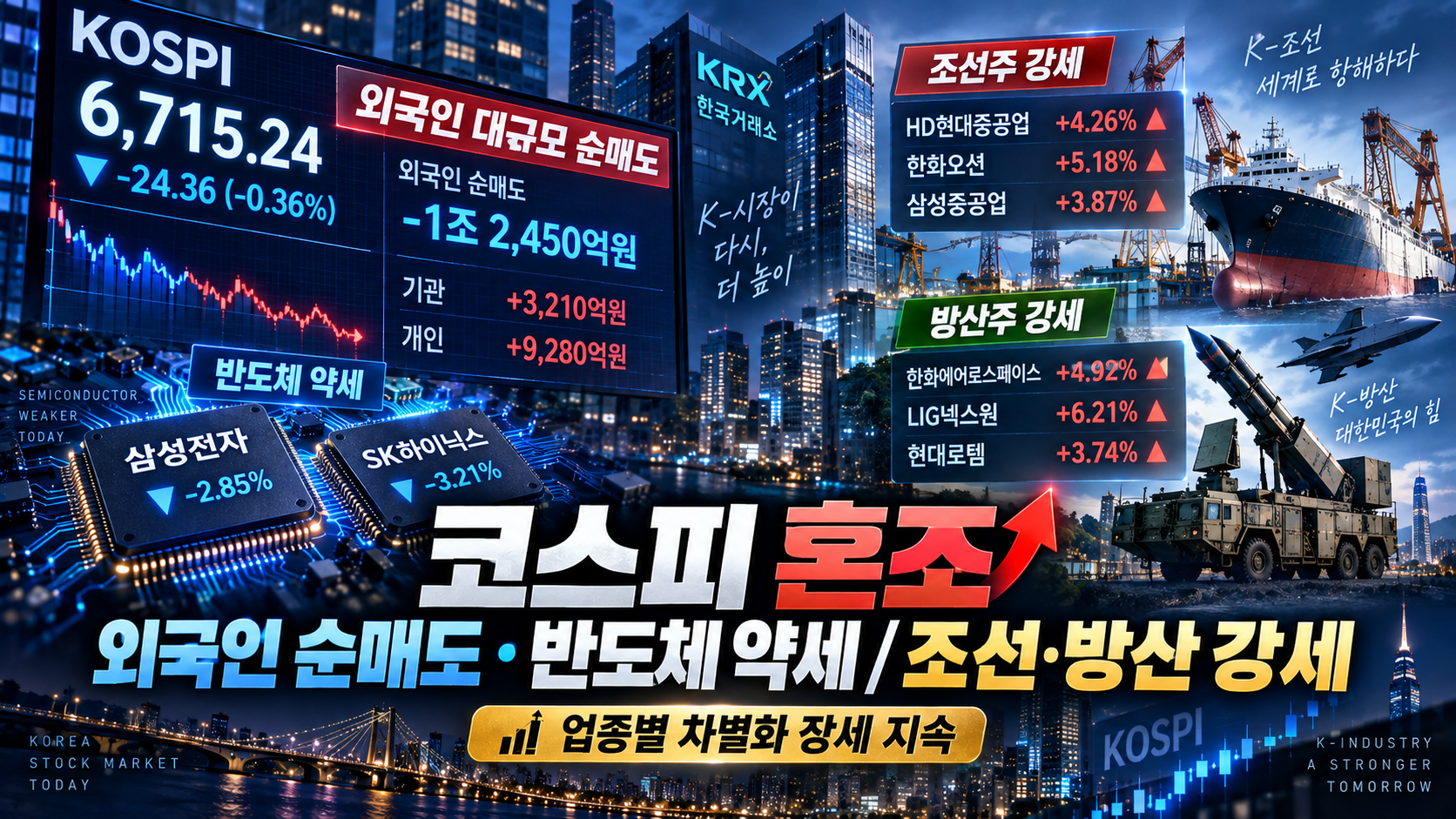 코스피 외국인 대규모 순매도와 반도체 약세 조선 방산 상승을 비교한 증시 이미지