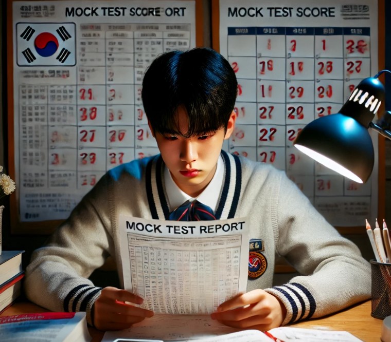 모의고사 성적표를 보며 수능 전략을 세우는 고등학생의 모습