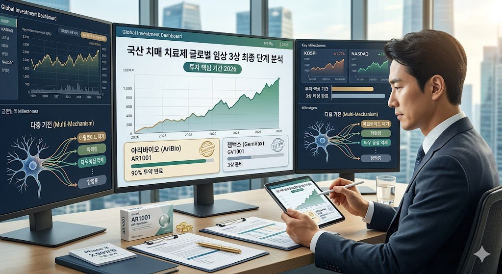 글로벌 증시 차트 위에 놓인 국산 치매 치료제 알약과 임상 3상 완료 도장, 그리고 투자 대시보드를 검토하는 투자자의 모습