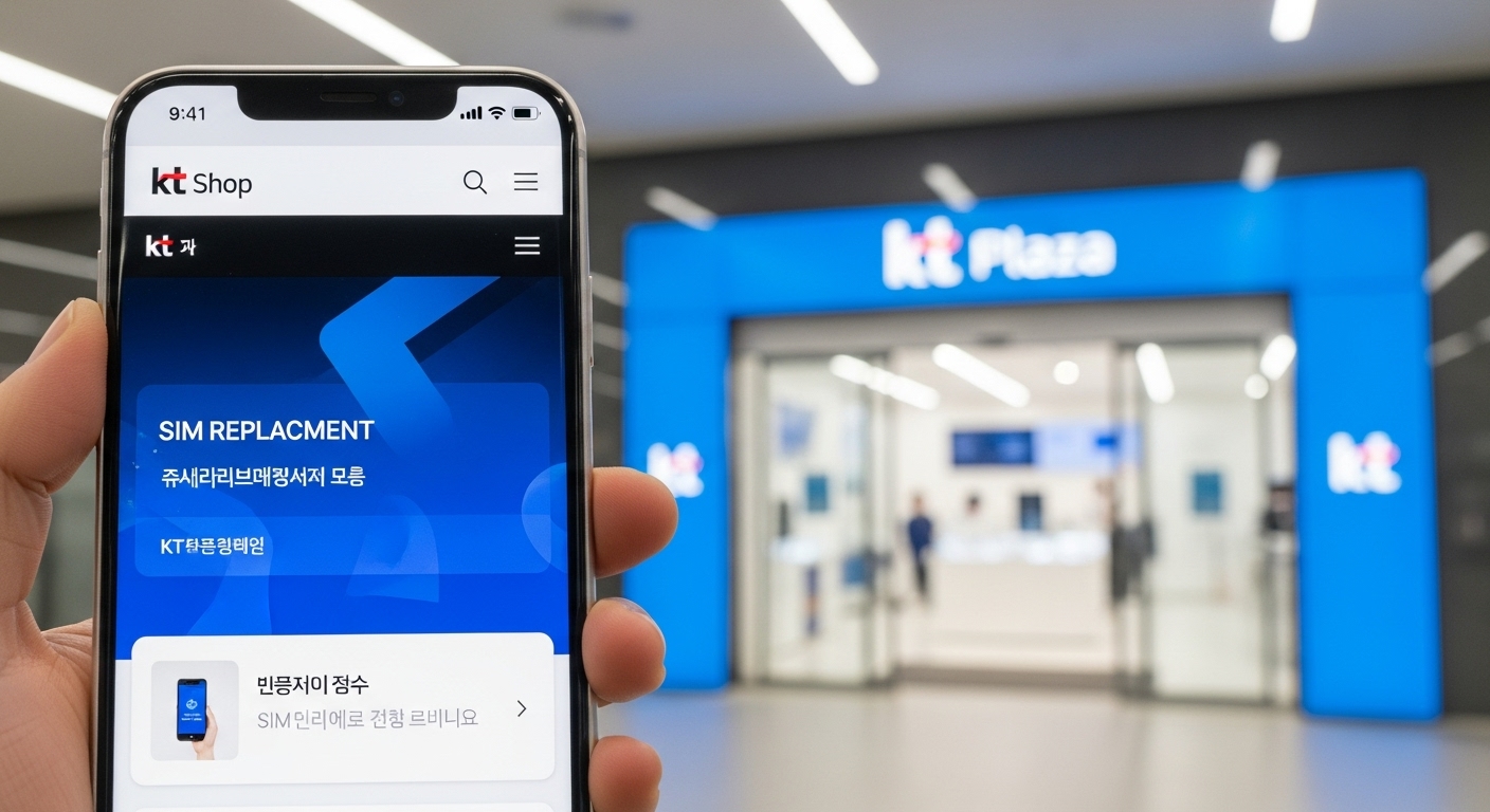 스마트폰으로 KT 샵에서 유심 교체를 신청하는 모습과 KT 플라자 매장의 전경. 온라인과 오프라인 신청 방법을 상징합니다.