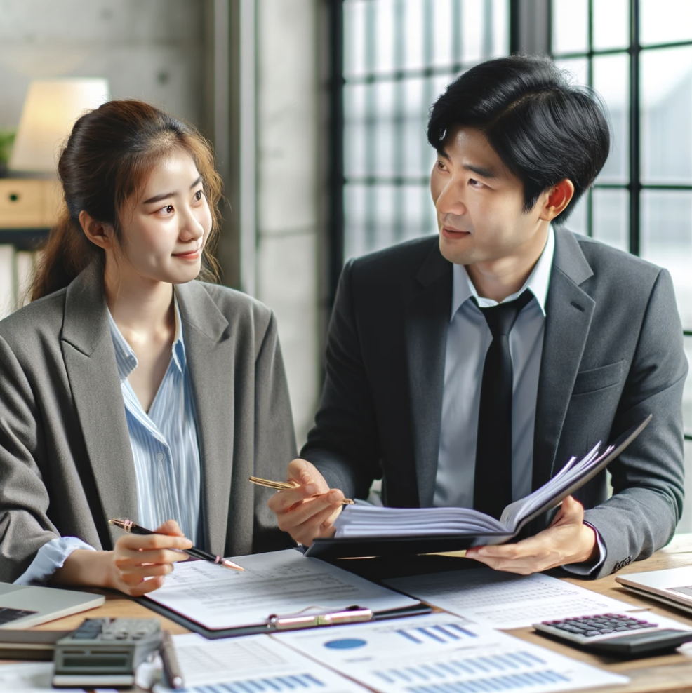 회계사가 기업 대표에게 법인세 보고서를 설명하는 장면