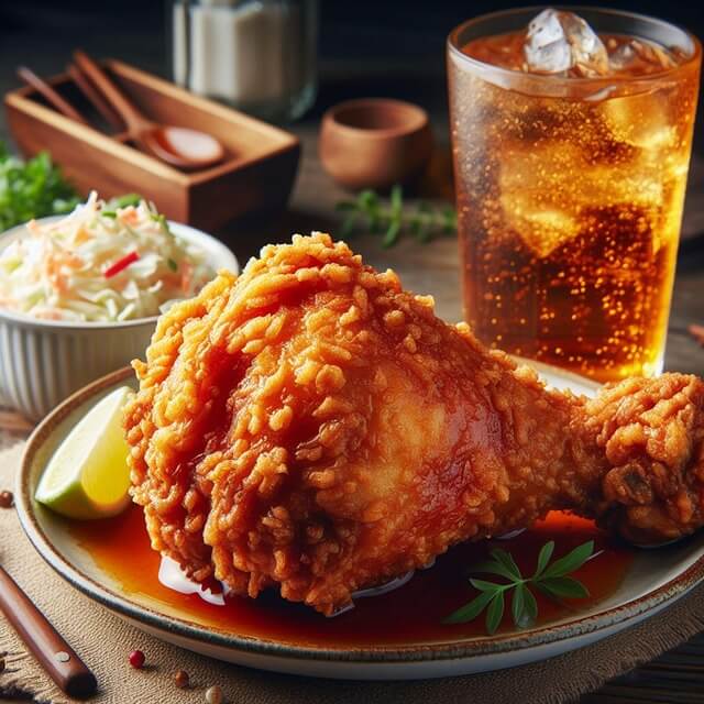 접시에 도톰한 닭다리가 있다. 옆에는 맥주가 가득한 유리잔이 있다.