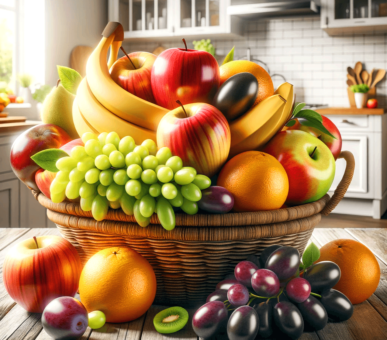 갈색 바구니에 수많은 과일들이 가득 담겨있다. 사과, 바나나, 청포도, 오렌지가 가득하다.