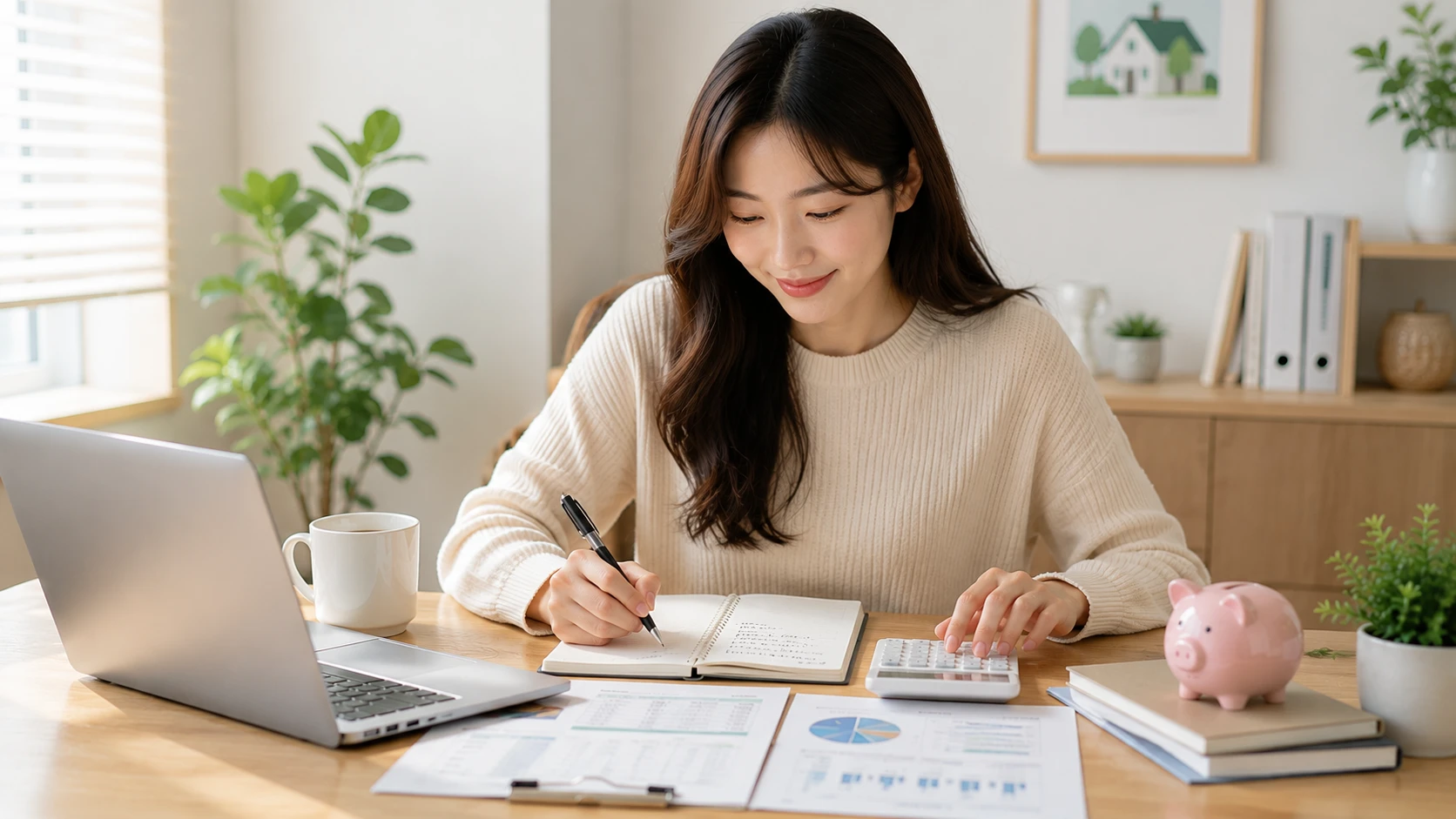 청년주택드림청약통장 가입을 위해 가계부를 작성하며 저축 계획을 세우는 젊은 여성 모습
