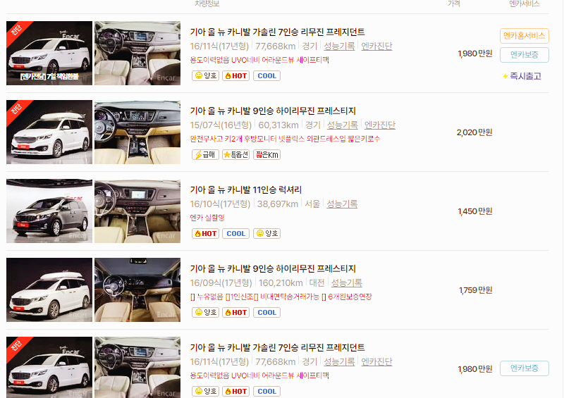 기아 카니발 중고차 가격 시세표 24년10월