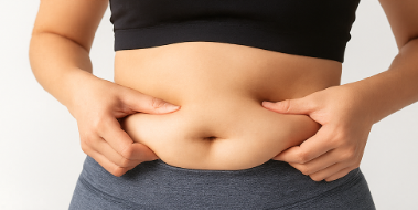 복부 지방을 가리키는 여성의 모습