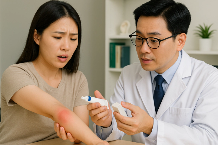 피부과 의사가 환자에게 모기 알레르기 치료 상담을 하는 모습