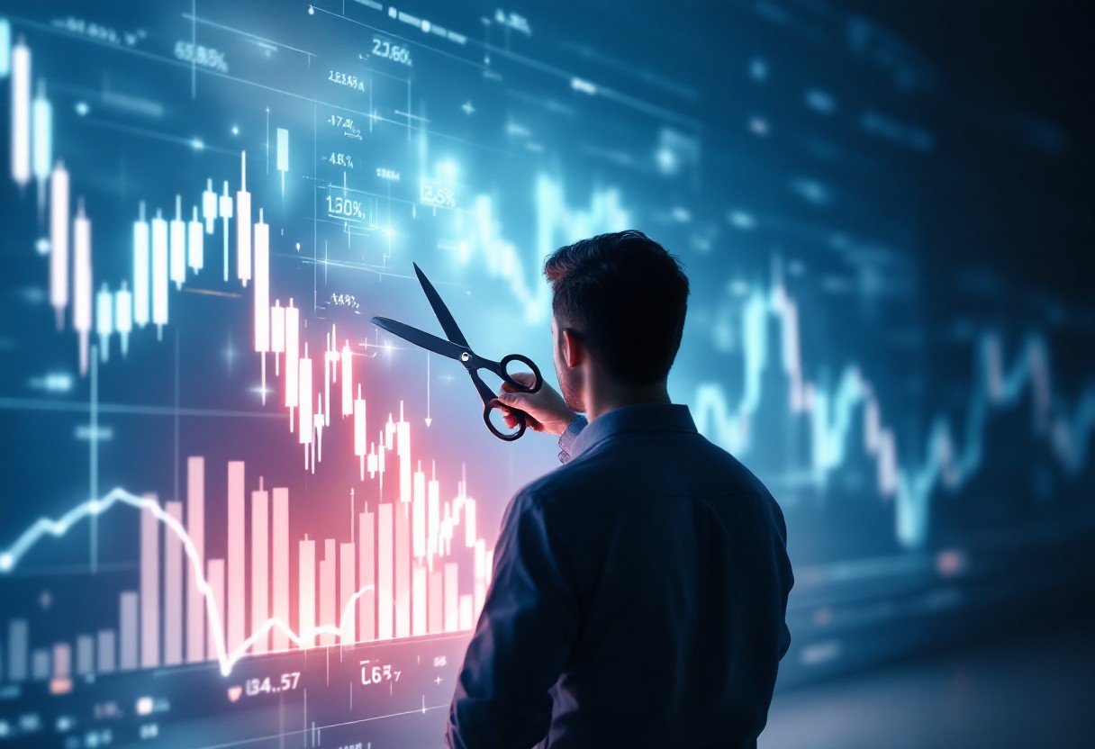 투자자가 손실이 발생한 암호화폐 차트를 가위로 끊어내는 모습