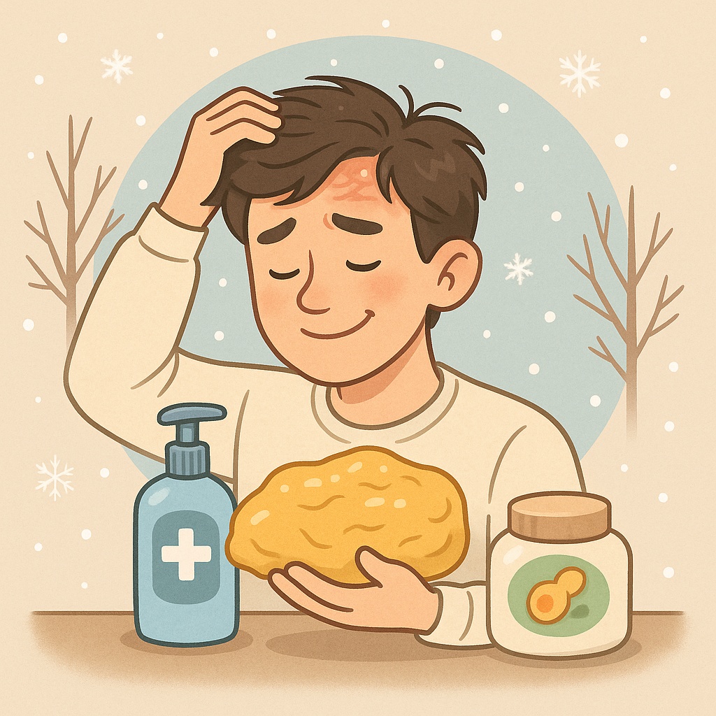 지루성피부염과 겨울철 두피 가려움으로 힘들어하는 남성의 이미지