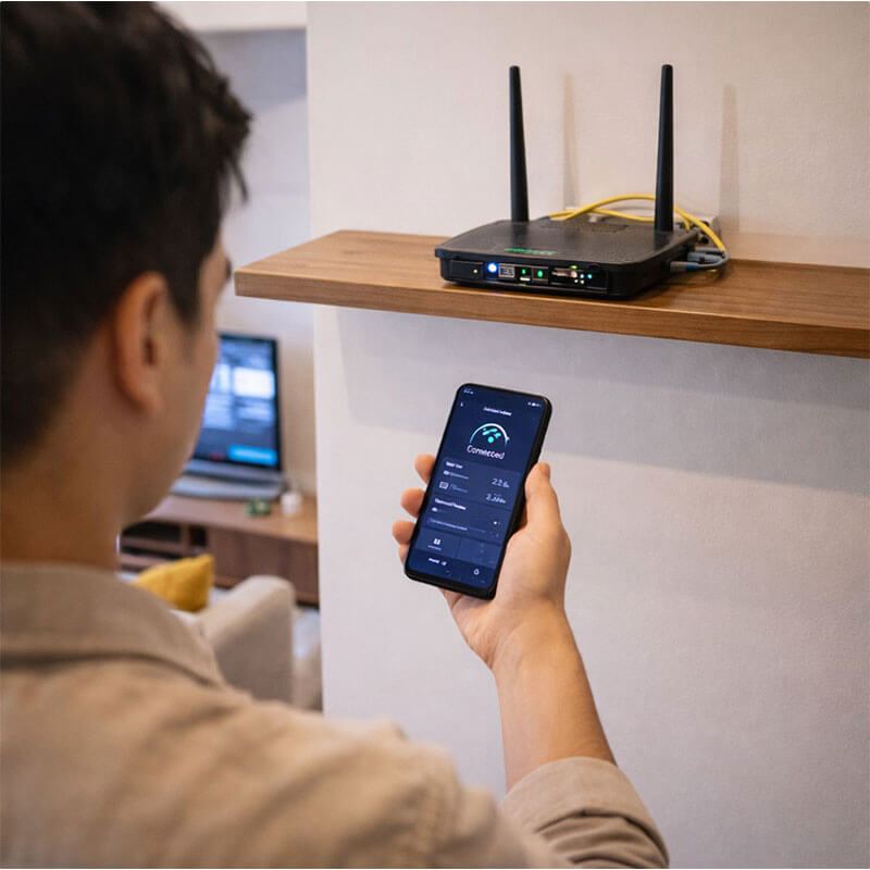 공유기 위치를 중앙으로 옮겨 와이파이 신호 상태를 확인하는 실내 장면