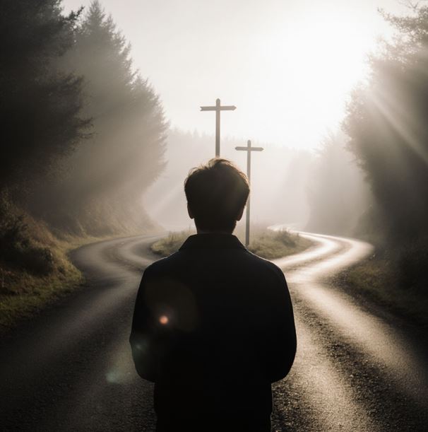 양갈래로 뻗어나가는 갈림길에서 고민하는 사람의 뒷모습