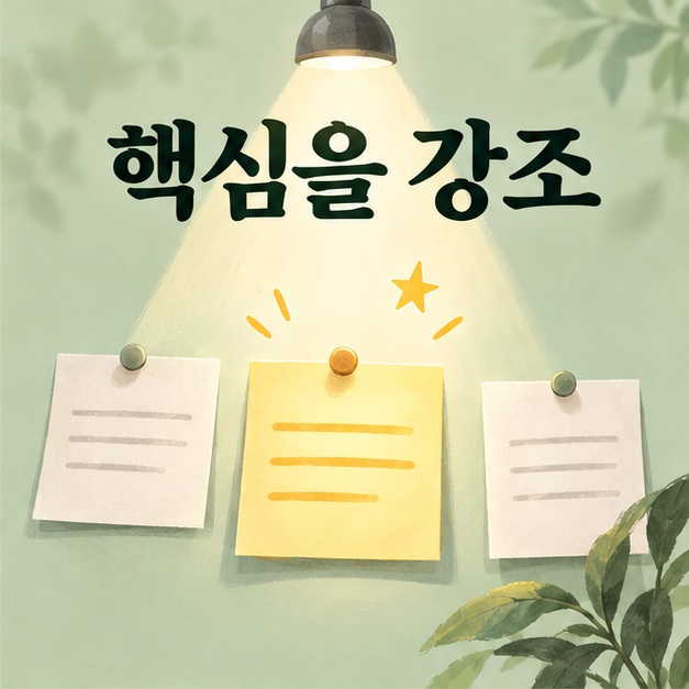 여러 메모 중 하나에 빛을 비추어 핵심을 강조하는 모습을 표현한 그림