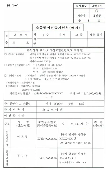 소유권 이전 등기 신청(매매)서 샘플