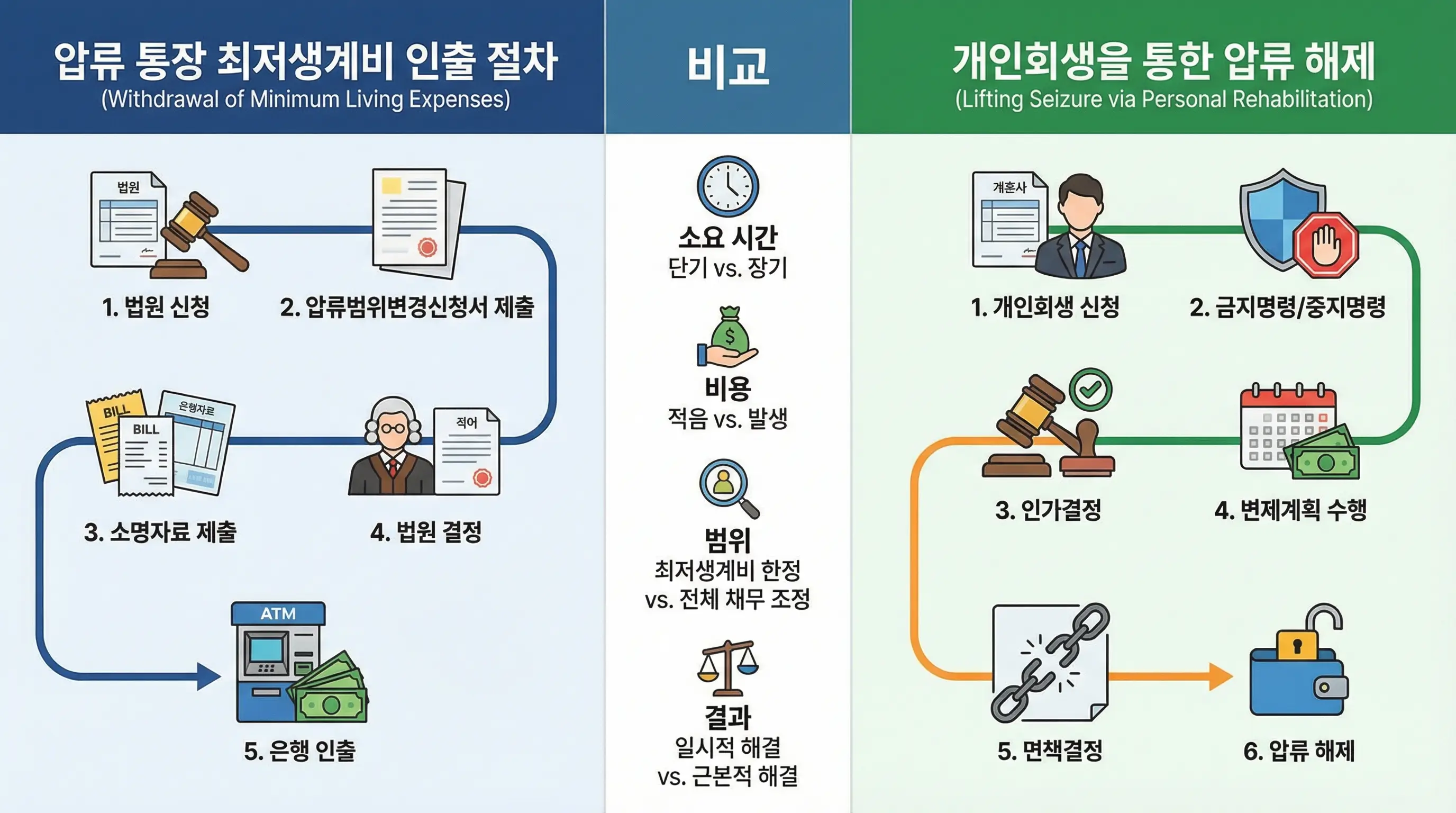 압류 통장에서 최저생계비를 인출하는 법적 절차와 개인회생을 통한 압류 해제 방법을 비교하는 인포그래픽