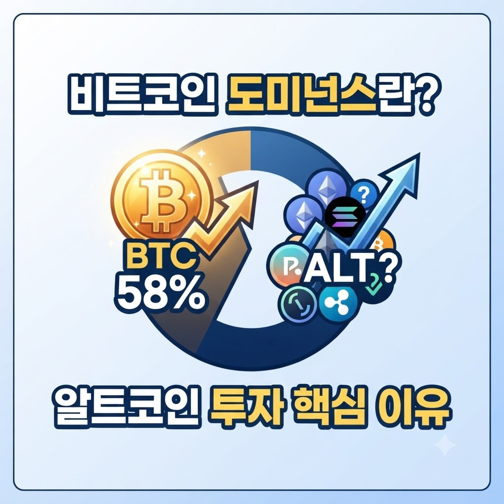 금융 정보 인포그래픽 썸네일 이미지입니다. 상단에는 굵은 노란색과 흰색 글씨로 '비트코인 도미넌스란?'이라는 제목이 적혀 있습니다. 중앙에는 원형 그래프를 형상화한 디자인이 있으며, 왼쪽에는 상승하는 화살표와 함께 비트코인(BTC) 로고가 있고 '58%' 수치가 표시되어 있습니다. 오른쪽에는 물음표(?)가 표시된 알트코인(ALT) 로고들이 묶여 있으며, 역시 상승하는 화살표가 있습니다. 하단에는 노란색과 흰색 글씨로 '알트코인 투자 핵심 이유'라는 소제목이 포함되어 있습니다.
