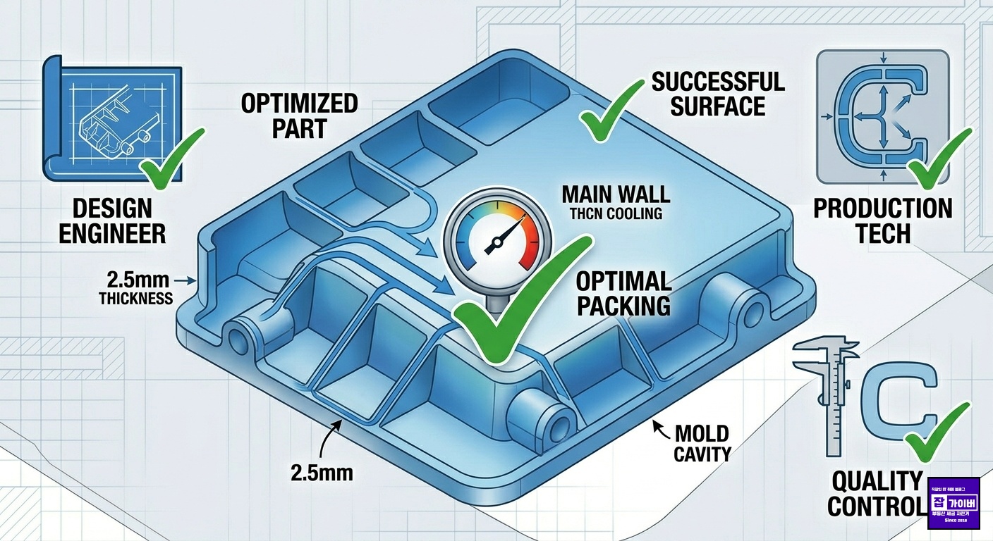 앞선 모든 불량을 예방하는 해결책인 '균일 두께 설계'를 최종적으로 보여줍니다. 모든 벽이 균일하게 식으면서(파란색), 설계(리브 보강), 생산(보압 전달 성립), 품질(치수 안정)의 모든 요구 사항이 충족되는 모습을 하나의 단면으로 정리합니다.