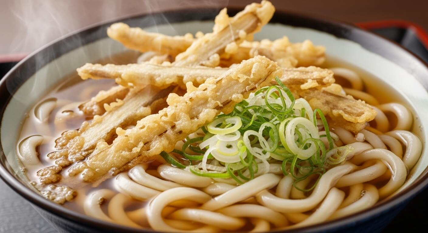 후쿠오카 현지 우동집의 따뜻하고 먹음직스러운 고보텐 우동 한 그릇. 바삭한 우엉 튀김과 쫄깃한 면발이 특징입니다.