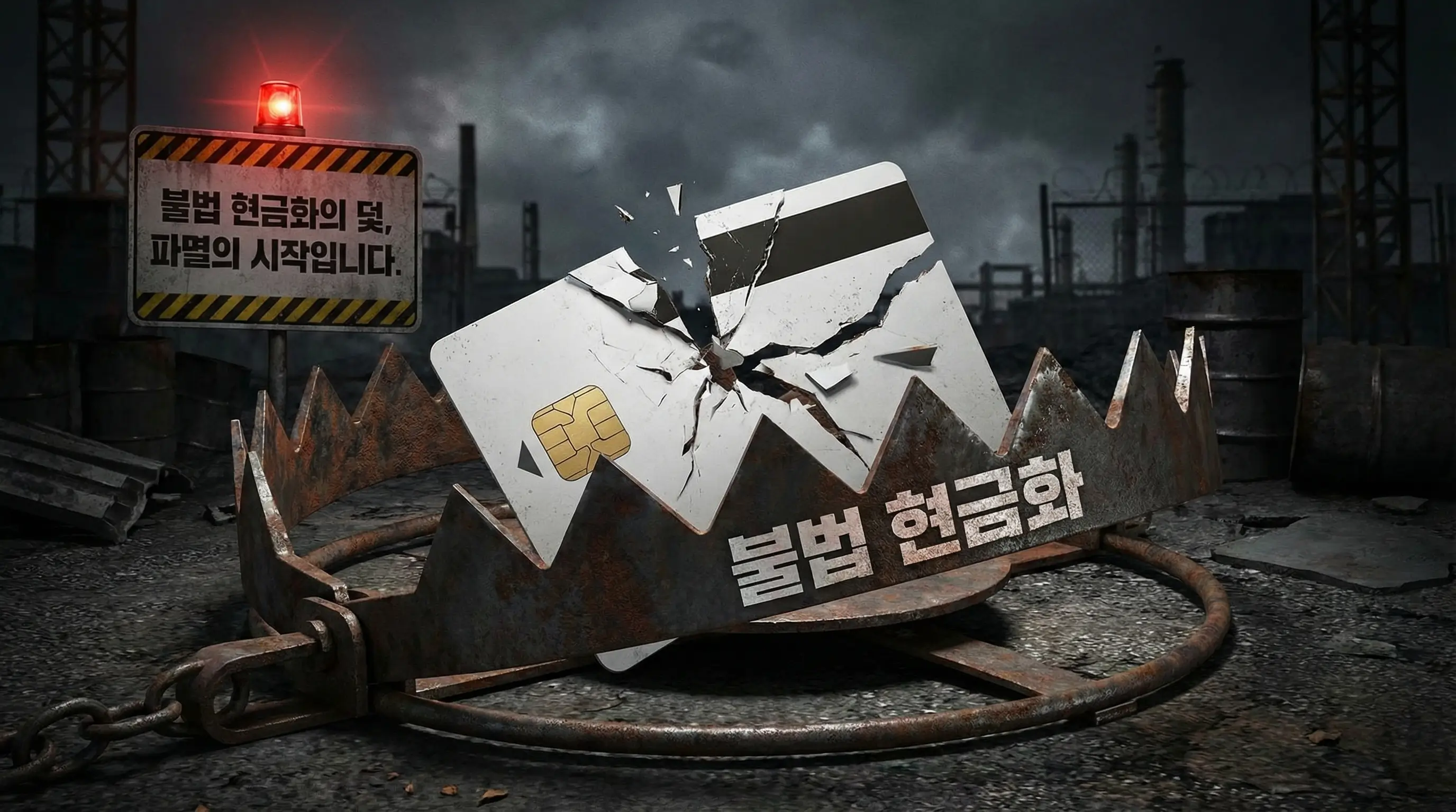 신용카드가 덫에 걸려 부서지는 이미지로 불법 현금화의 위험성을 경고하는 모습