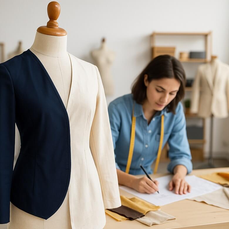 패션 디자이너가 작업실에서 원단 견본과 함께 시제품을 설계 중인 모습, 앞에는 드레이핑된 마네킹
