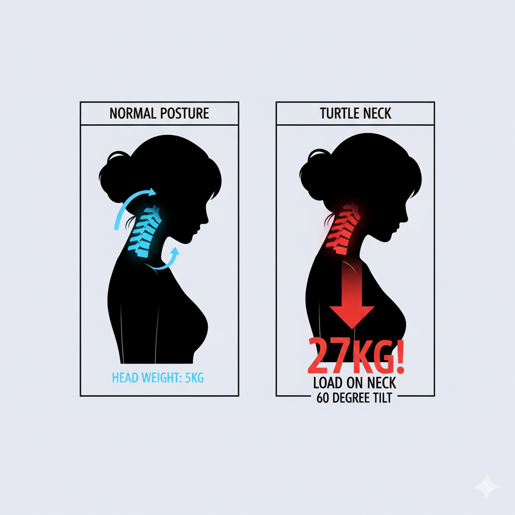 거북목 자세로 인해 목뼈에 가해지는 하중 변화를 보여주는 세련된 인포그래픽 (여성 실루엣).