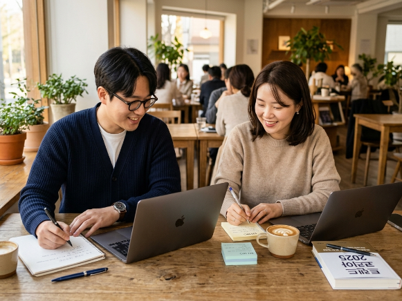 노트북으로 온라인 강의를 들으며 자기계발에 열중하는 직장인의 모습