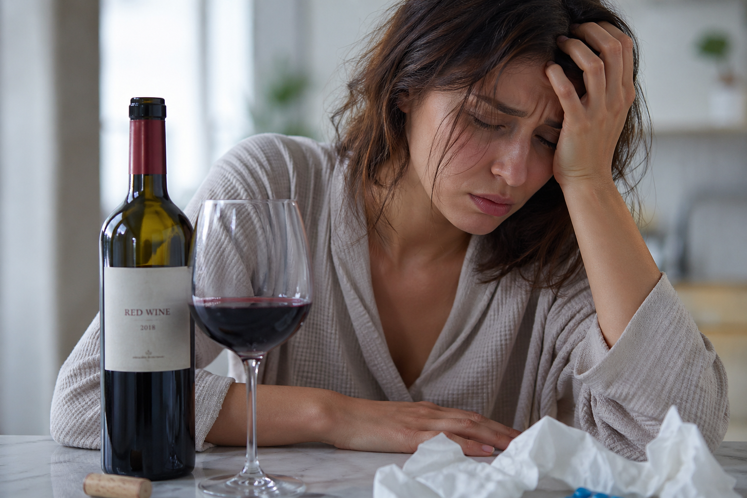 와인을 마신 다음날 와인 숙취로 고생하는 이미지