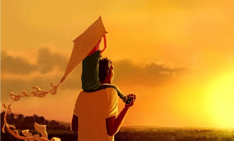 저녁 노을이 뜰때 아버지와 아들이 보고 있는 모습