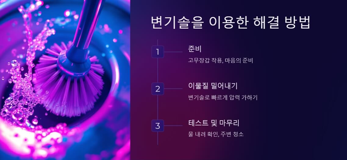 네온 컬러 조명 아래 물에 적신 변기솔이 강조된 이미지로 변기솔을 사용한 간단한 문제 해결 단계를 표현.