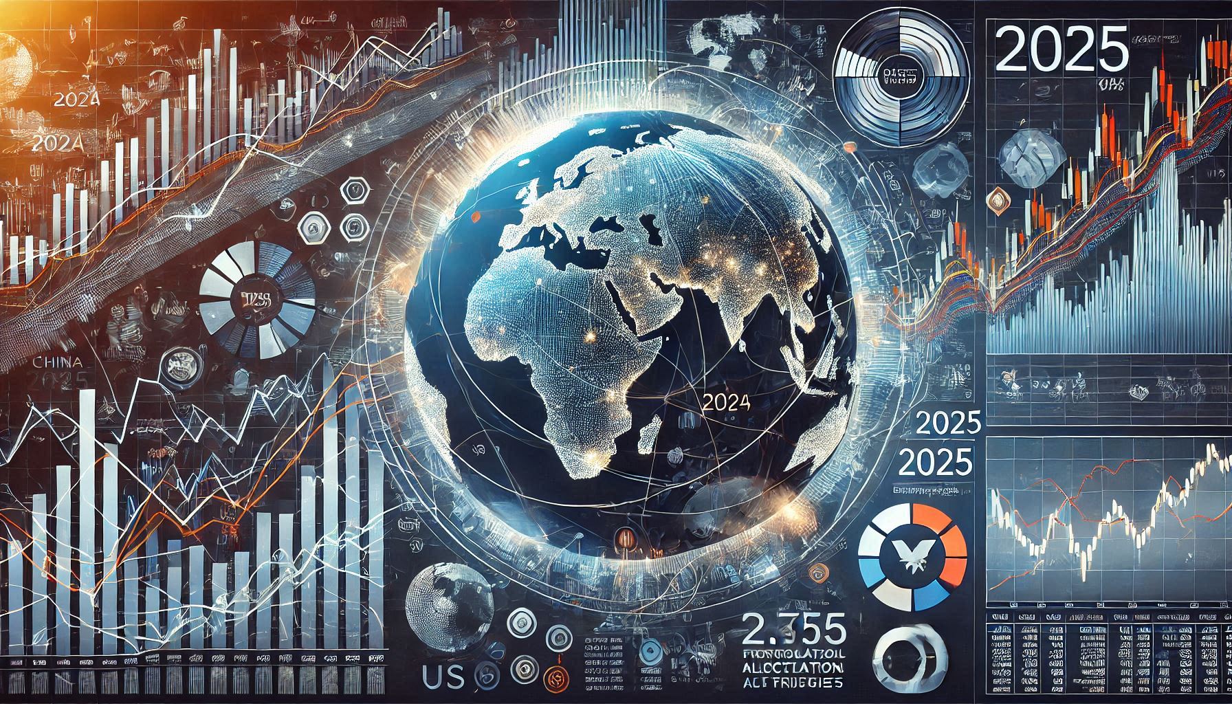 Create a high-quality, detailed illustration of the global stock market in 2025, featuring major indices from the US, China, and Europe. The image should include dynamic line graphs showing trends, vibrant pie charts for portfolio allocation strategies, and symbols representing major geopolitical risks like trade routes and currency flux. Ensure a modern and professional design that captures the complexity and interconnectedness of global markets