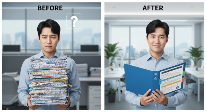 베트남 은행 계좌 개설 서류 준비 전후를 보여주는 이미지. 왼쪽은 복잡한 서류를 들고 걱정하는 모습, 오른쪽은 정돈된 서류를 들고 차분한 한국인의 모습이다.