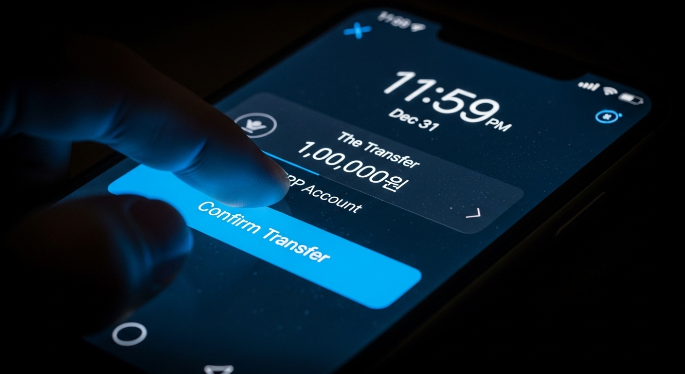 12월 31일 밤 11시 59분에 IRP 계좌로 '100만원'을 이체하는 긴급한 스마트폰 화면