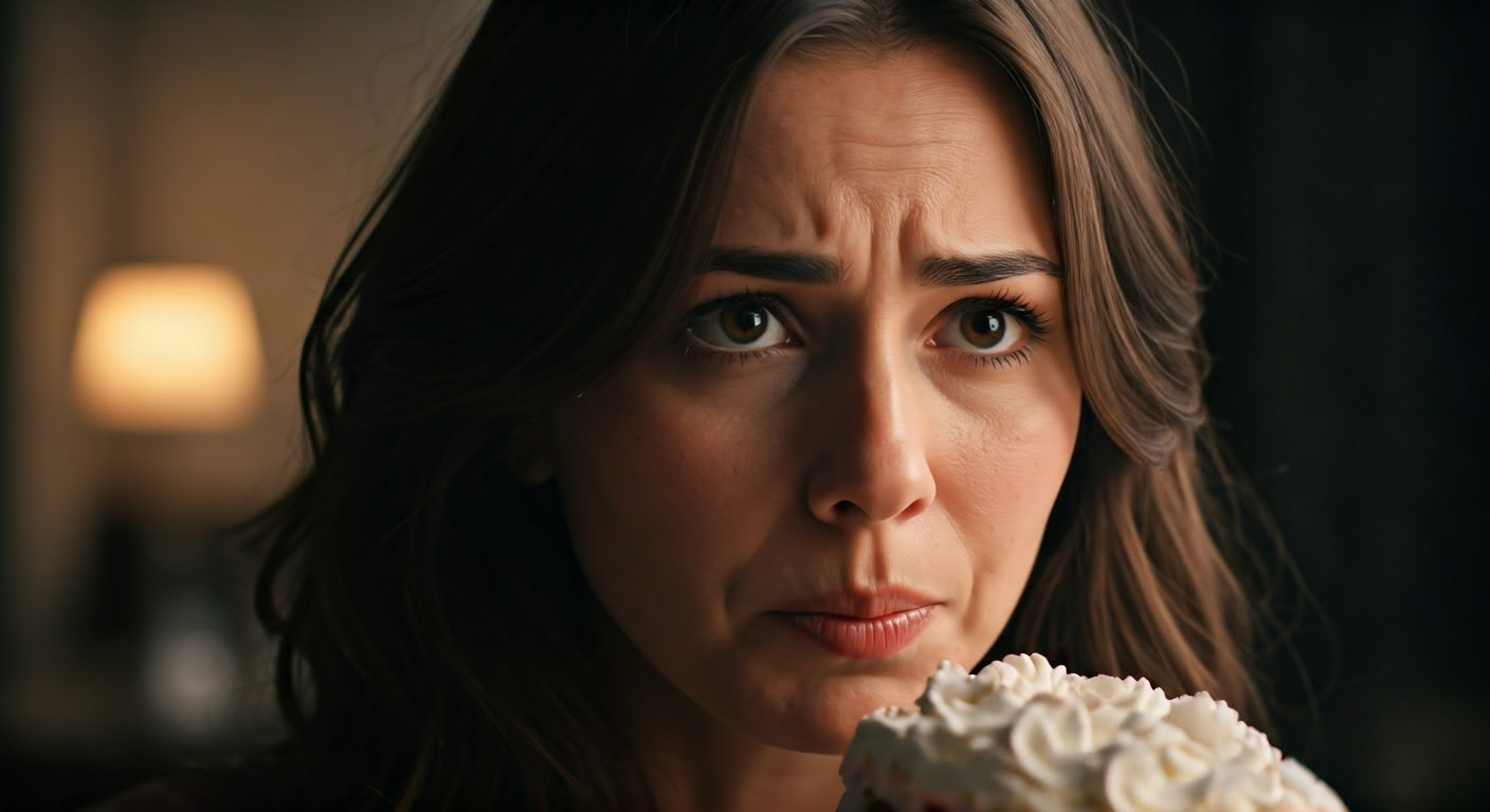 케이크를 먹으며 피부가 칙칙해진 여성의 모습