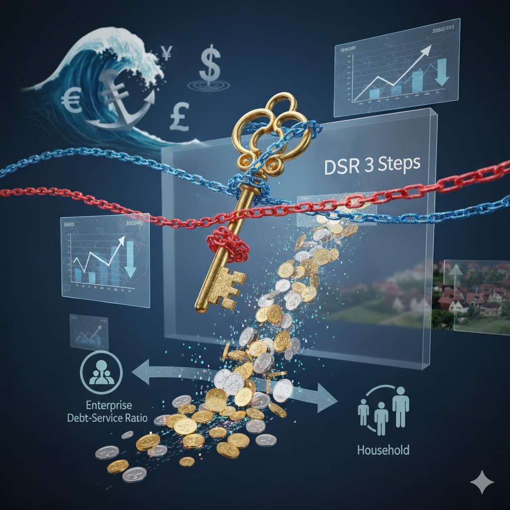 금색 열쇠가 붉은색과 파란색 사슬에 묶여 있고, 열쇠 아래로 금화와 은화가 쏟아져 나와 기업과 가계로 흐르는 모습. 배경에는 파도치는 물결, 통화 기호(유로, 파운드, 엔, 달러), 주택 이미지, 그리고 경제 그래프들이 투명한 디스플레이 형태로 떠 있다.