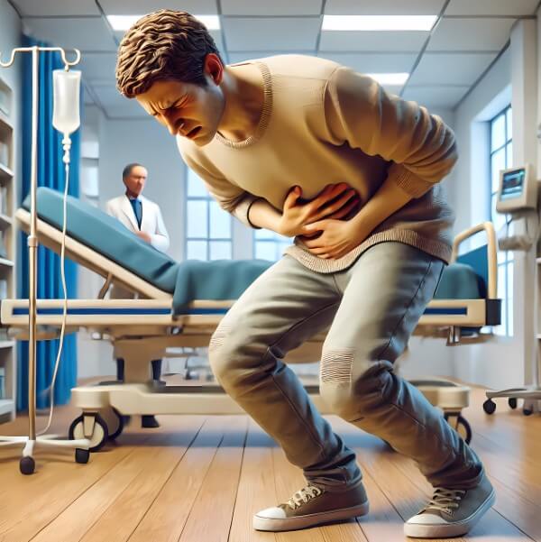 병원에서 배가 아파 통증을 호소하고 있는 젊은 남성