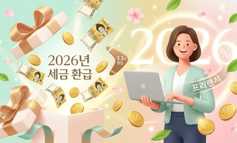 프리랜서 3.3% 세금환급 방법: 밝은 파스텔톤 배경에서 노트북을 든 여성 프리랜서가 미소 짓는 3D 일러스트. 열린 선물 상자에서 5만 원권 지폐와 동전이 쏟아져 나오며 세금 환급을 시각적으로 표현함. 화면에 '2026년 세금 환급', '프리랜서', '3.3% 환급' 텍스트와 부메랑 아이콘이 배치되어 5월 종합소득세 신고를 통한 환급의 긍정적 결과를 강조함.