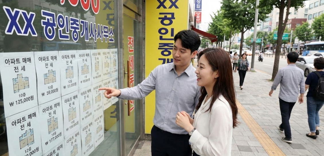 부동산 중개업소 앞에서 집 매물을 확인하며 희망에 찬 표정의 부부