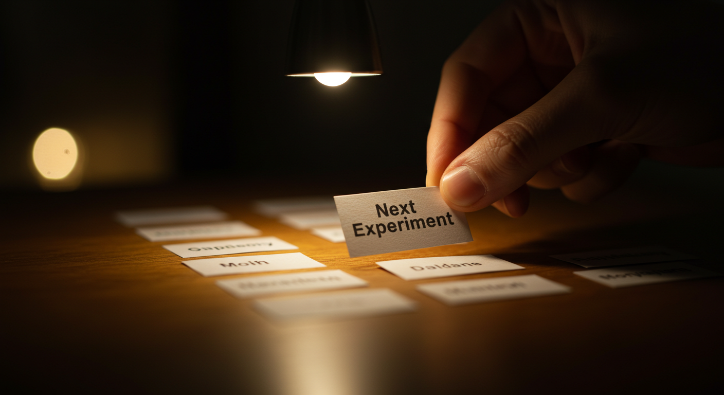 완성된 별명 카드들을 책상 위에 정리하며 다음 실험을 계획하는 감성적인 장면 일러스트